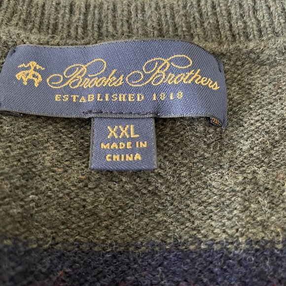 BROOKS BROTHERS GREEN/RED STRIPED LAMBSWOOL SWEATER WITH ELBOW PATCHES SZ XXL - Picture 3 of 8